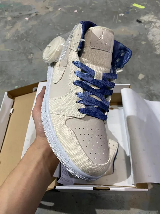 Air Jordan 1 Beige Navy High-Top Canvas-and-Leather Upper Basketball Shoes 2