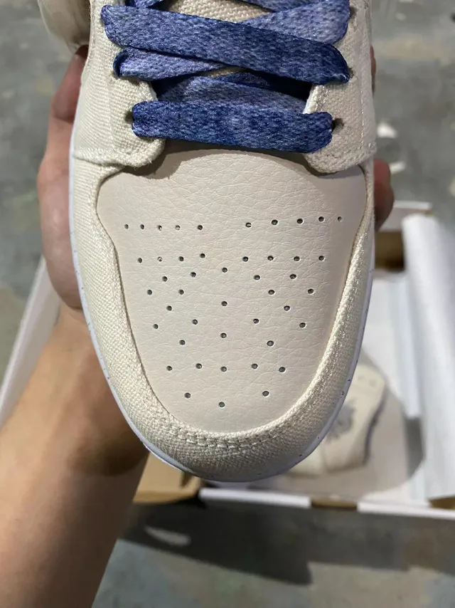 Air Jordan 1 Beige Navy High-Top Canvas-and-Leather Upper Basketball Shoes 3