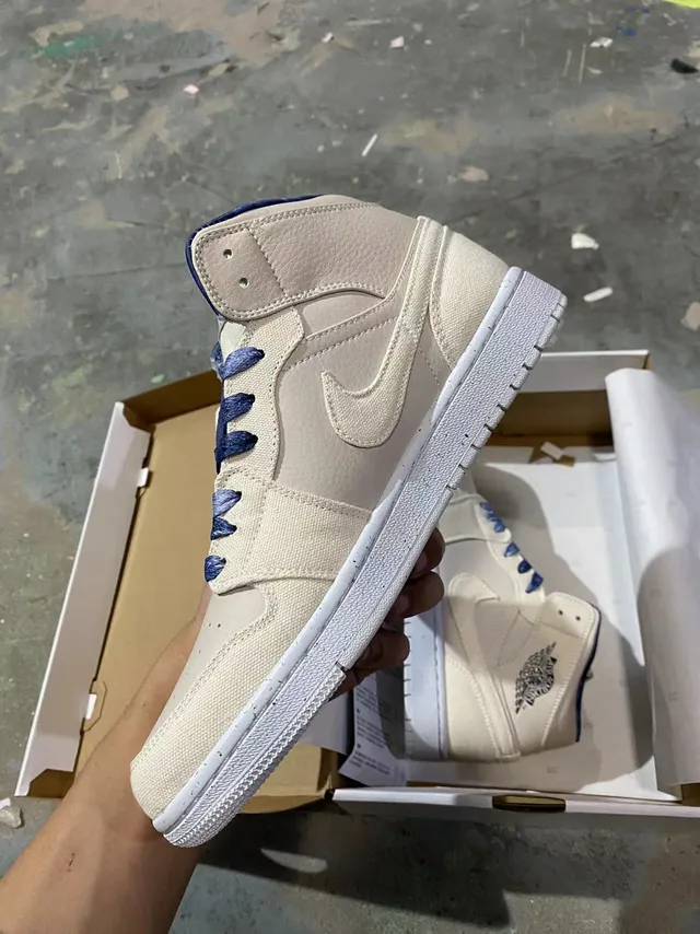 Air Jordan 1 Beige Navy High-Top Canvas-and-Leather Upper Basketball Shoes 4