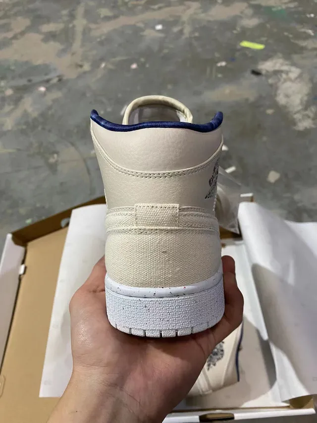Air Jordan 1 Beige Navy High-Top Canvas-and-Leather Upper Basketball Shoes 6