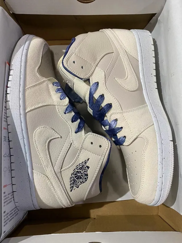 Air Jordan 1 Beige Navy High-Top Canvas-and-Leather Upper Basketball Shoes 7