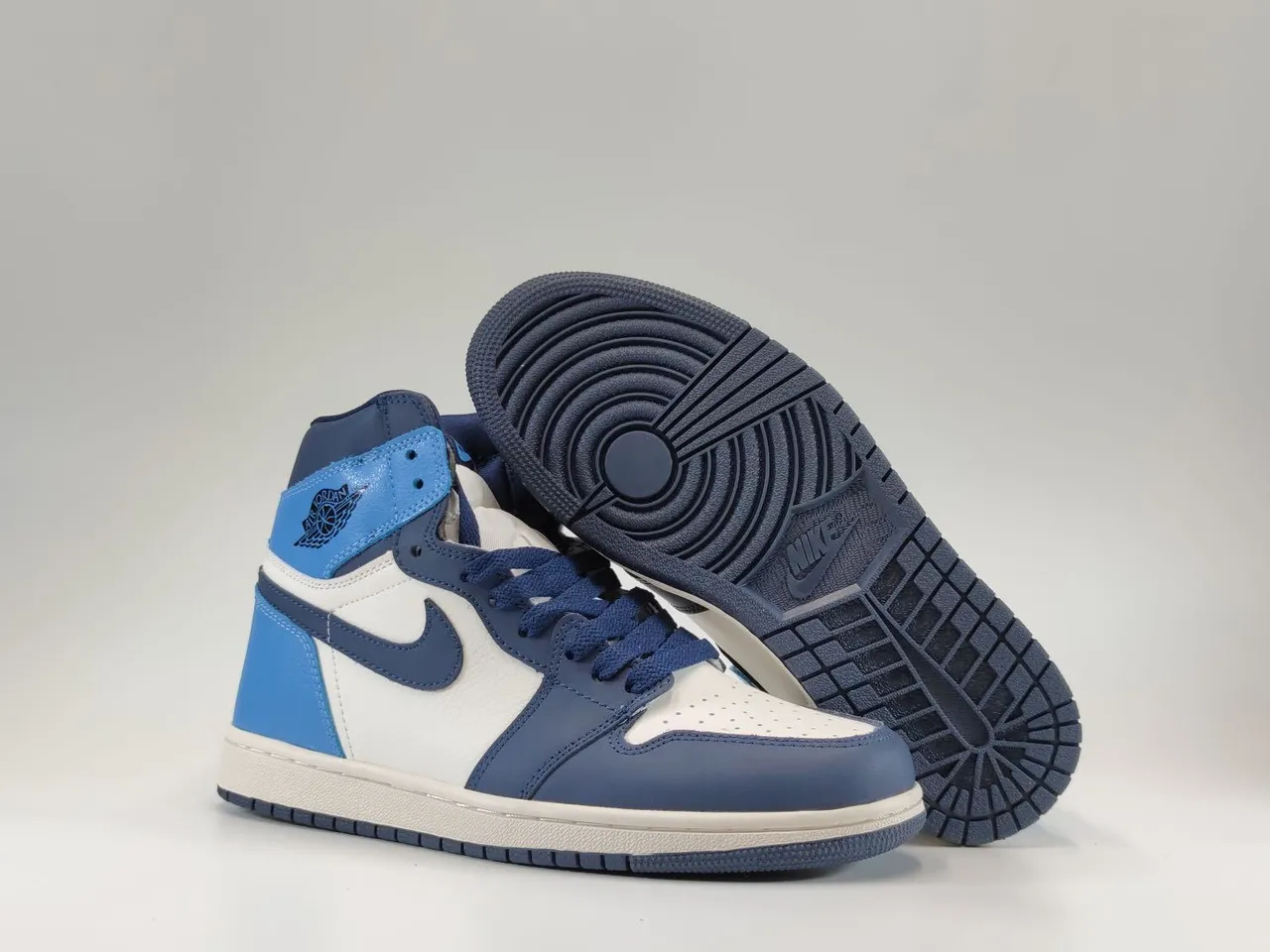 Air Jordan 1 Branco Marinho High-Top Couro Painelado Tênis de Basquete 6