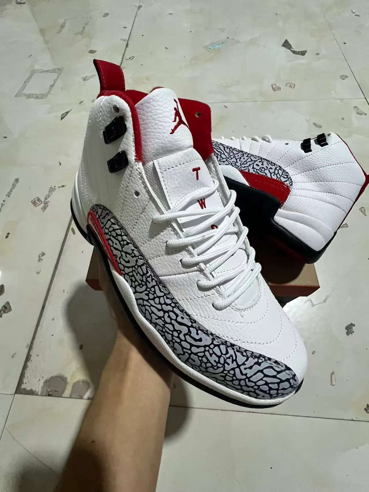 Air Jordan 12 White Red Elephant Print Basketball Shoes 2