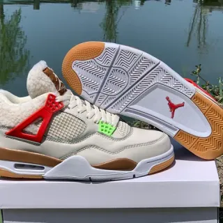 Air Jordan 4 Beige Brown Red Sheepskin-Lined Basketball Shoes