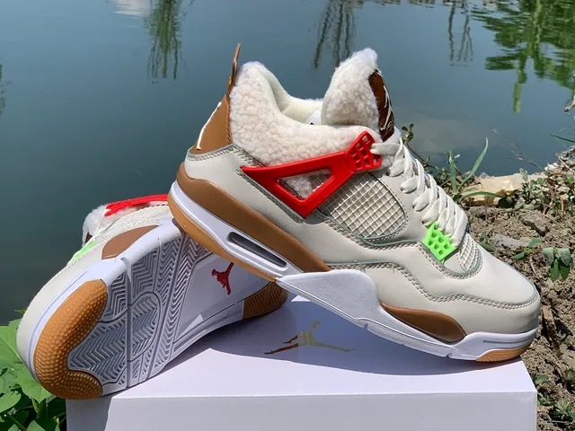 Air Jordan 4 Beige Brown Red Sheepskin-Lined Basketball Shoes 3