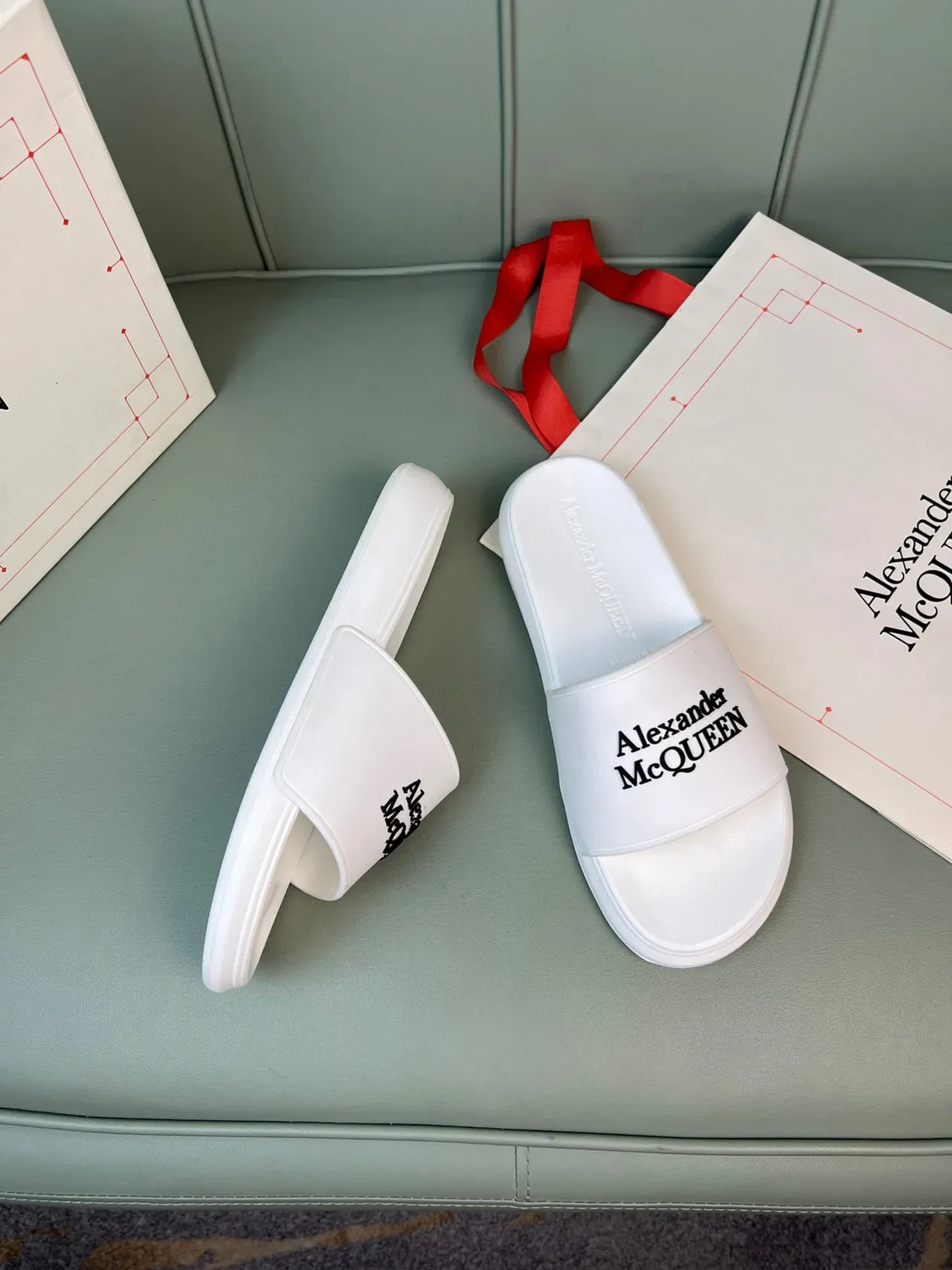 Alexander McQueen Logo Strap Slide White Black Molded Rubber Sole Slippers 5