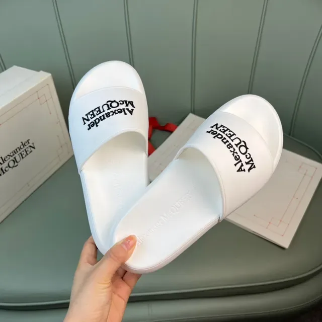 Alexander McQueen Logo Strap Slide White Black Molded Rubber Sole Slippers 6