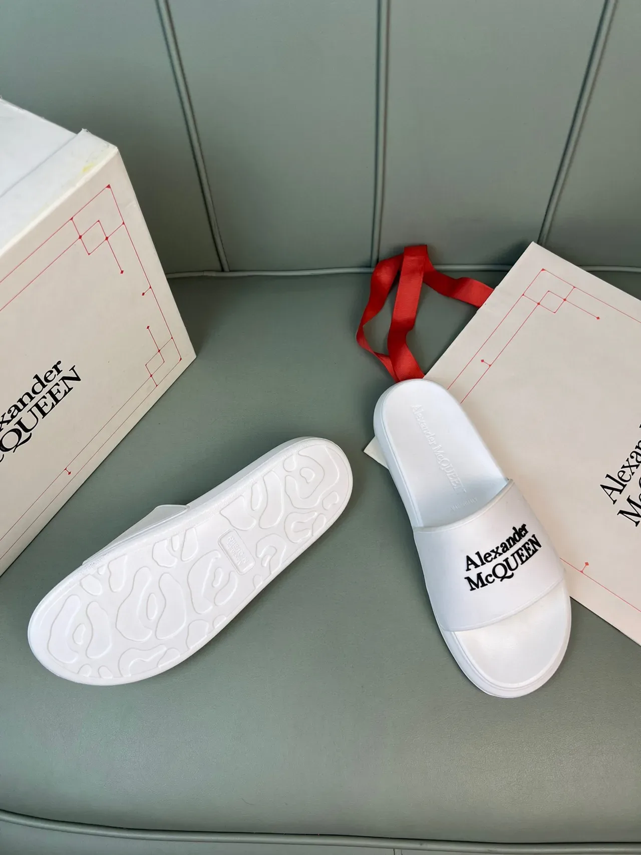Alexander McQueen Logo Strap Slide White Black Molded Rubber Sole Slippers 7