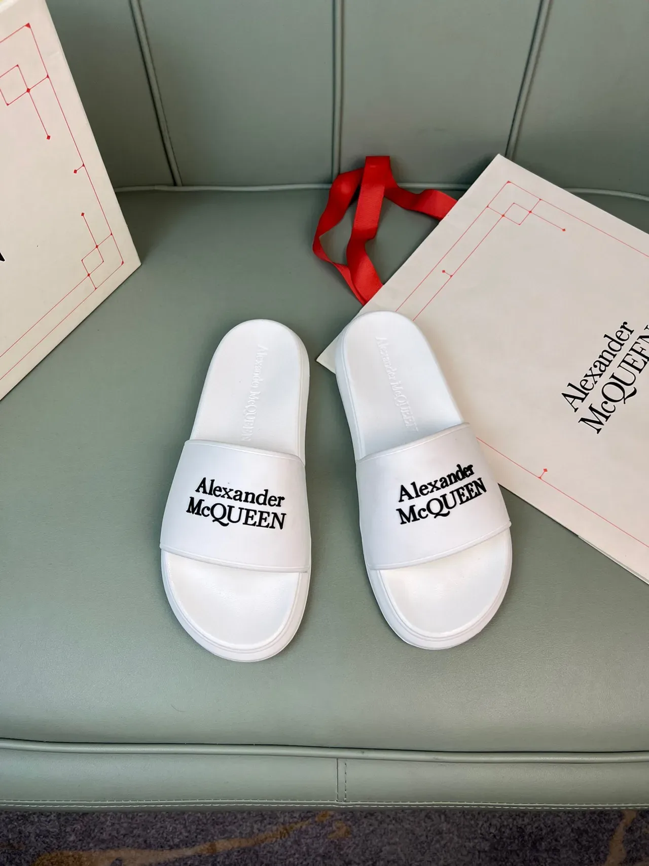 Alexander McQueen Logo Strap Slide White Black Molded Rubber Sole Slippers 9