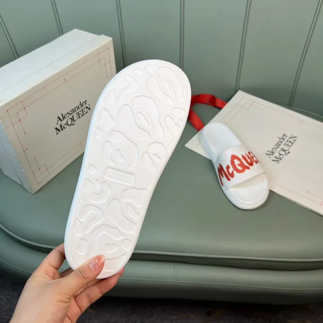Alexander McQueen White Red Molded Rubber Construction Wide Graphic Strap Slippers 2