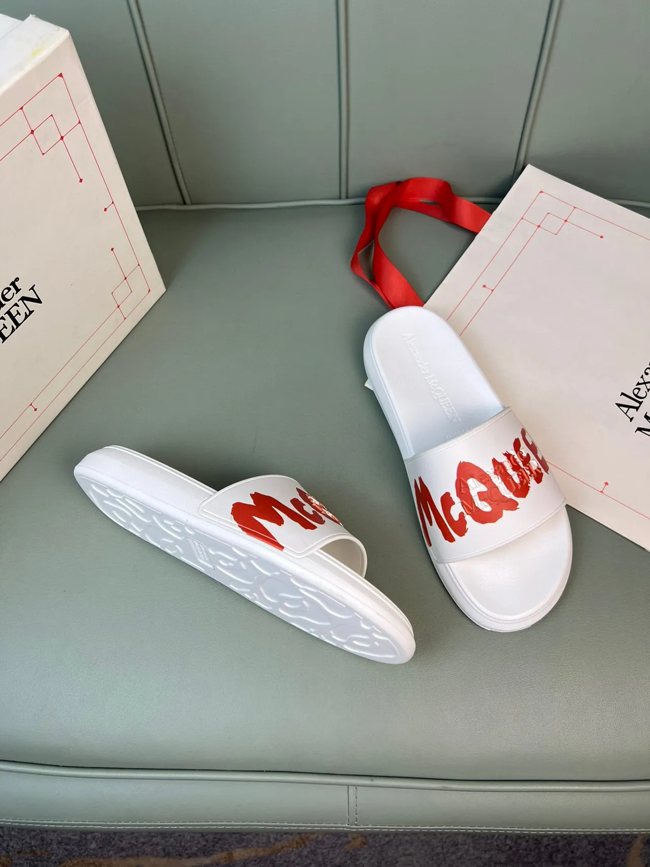 Alexander McQueen White Red Molded Rubber Construction Wide Graphic Strap Slippers 5