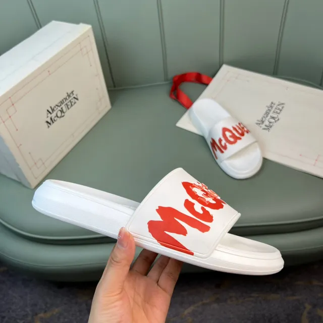 Alexander McQueen White Red Molded Rubber Construction Wide Graphic Strap Slippers 7