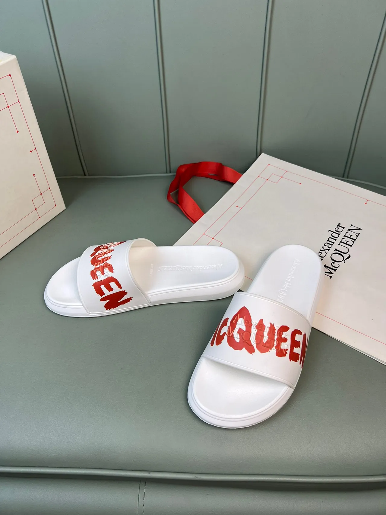 Alexander McQueen White Red Molded Rubber Construction Wide Graphic Strap Slippers 8
