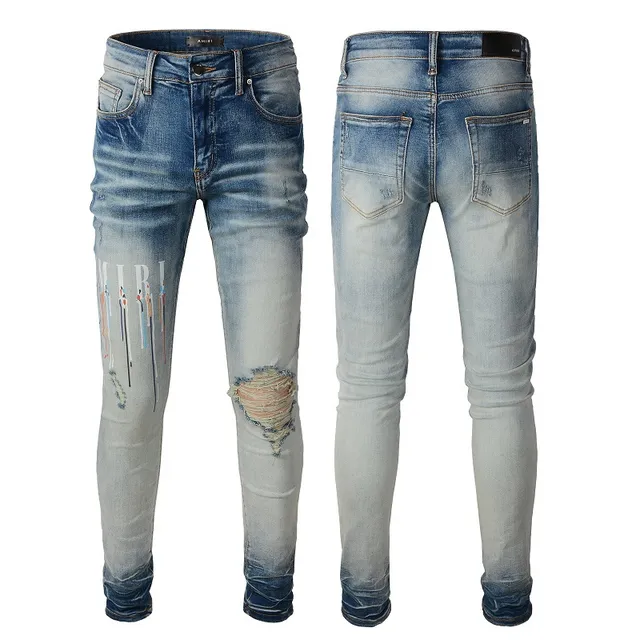 Amiri Skel Top Blue Multicolor Slim-Fit Distressed Knee Jeans 1