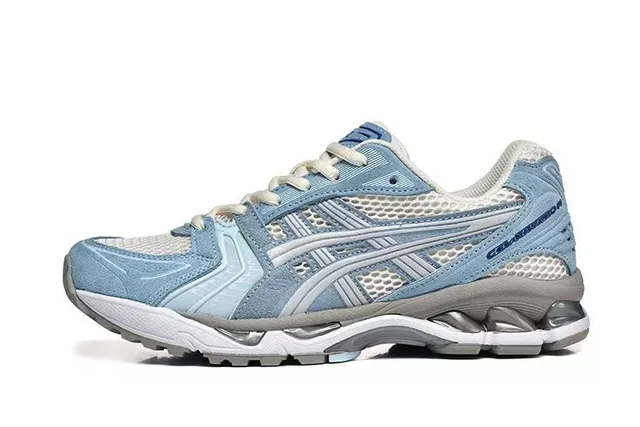 ASICS Chaussures de course bleu blanc maille légère et daim supérieur visible pods de amortissement GEL 2