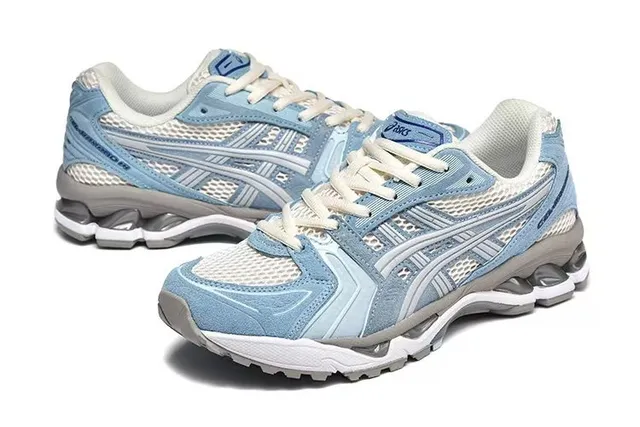 ASICS Chaussures de course bleu blanc maille légère et daim supérieur visible pods de amortissement GEL 3