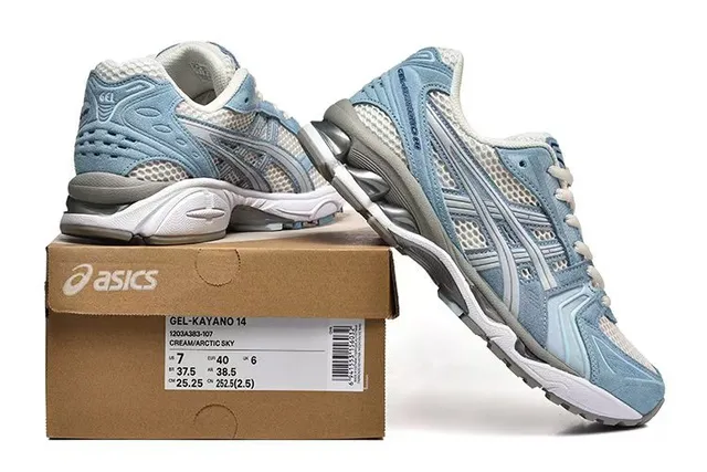 ASICS Chaussures de course bleu blanc maille légère et daim supérieur visible pods de amortissement GEL 6