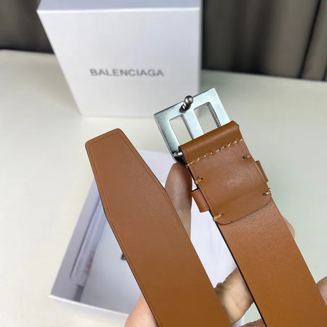 Balenciaga B-Buckle cinto de couro liso estreito marrom preto 3