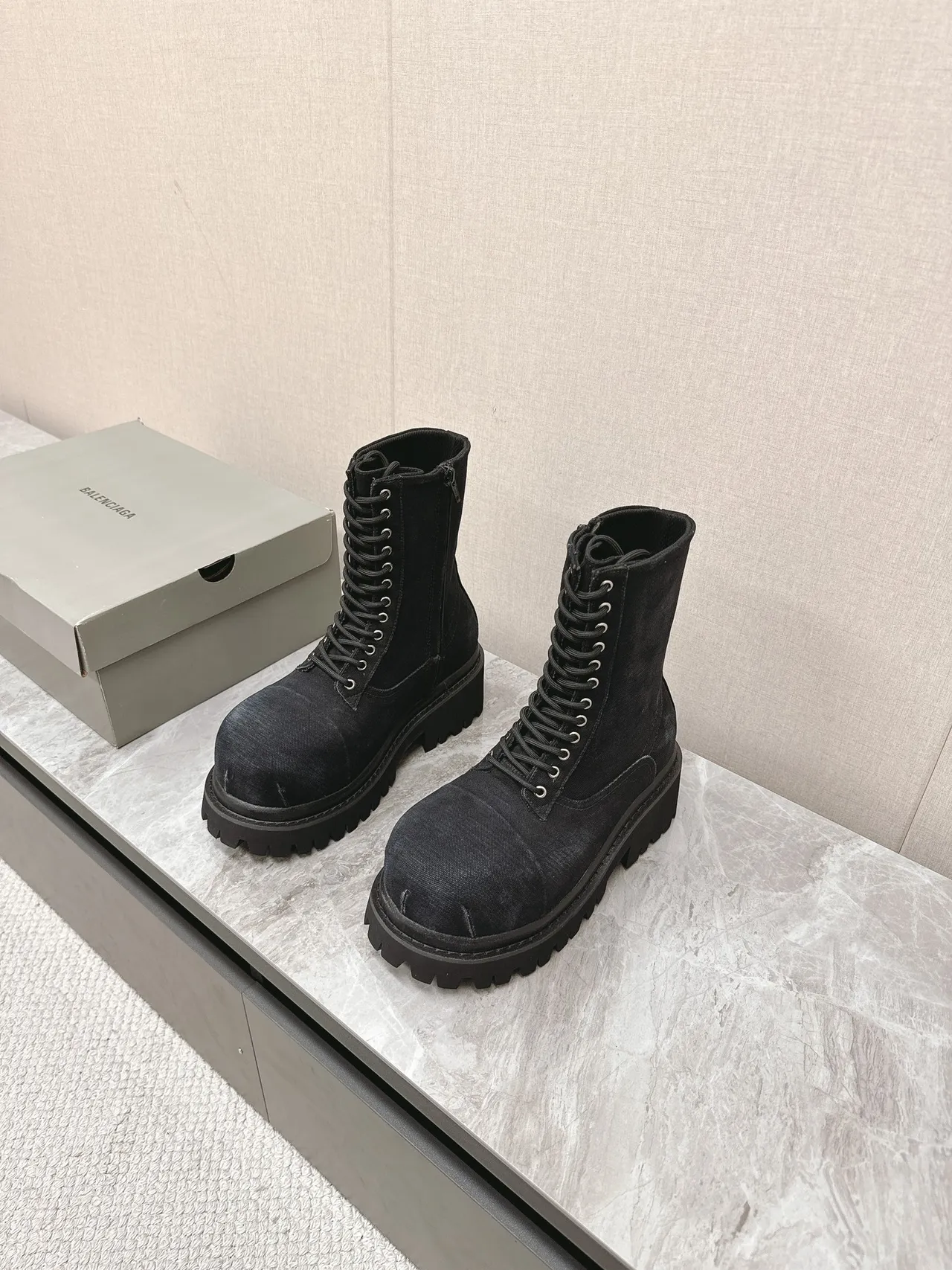 Balenciaga Black Chunky Lug Sole Canvas-Textured Upper Martin Boots 5