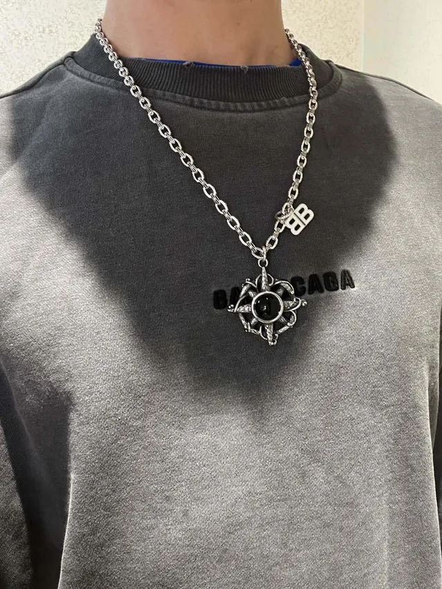 Balenciaga Compass Pendant Silver Black Chunky Curb Chain Ornate Necklace 2
