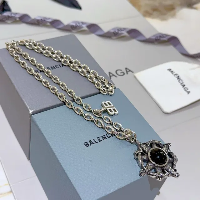 Balenciaga Compass Pendant Silver Black Chunky Curb Chain Ornate Necklace 3