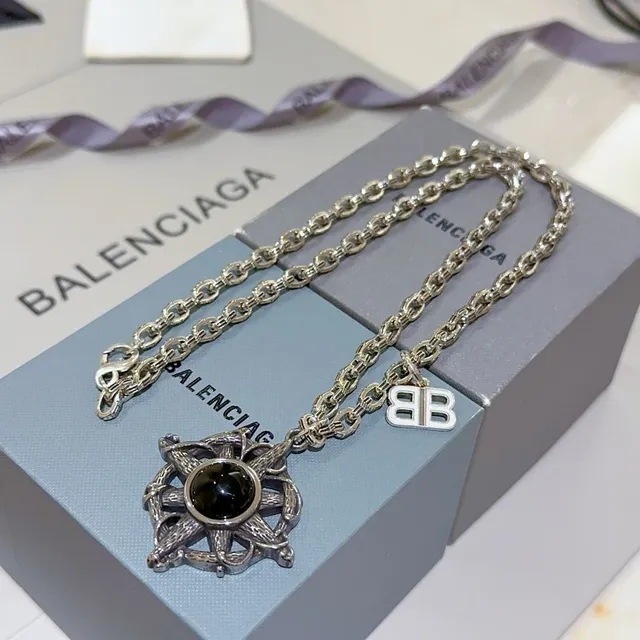 Balenciaga Compass Pendant Silver Black Chunky Curb Chain Ornate Necklace 4