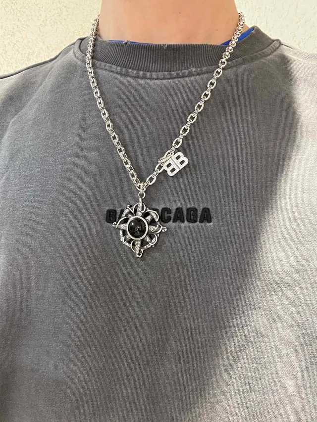 Balenciaga Compass Pendant Silver Black Chunky Curb Chain Ornate Necklace 5