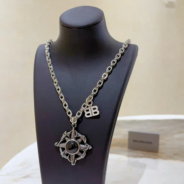 Balenciaga Compass Pendant Silver Black Chunky Curb Chain Ornate Necklace 6