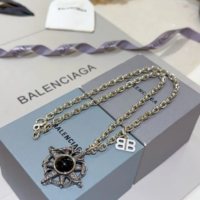 Balenciaga Compass Pendant Silver Black Chunky Curb Chain Ornate Necklace 7
