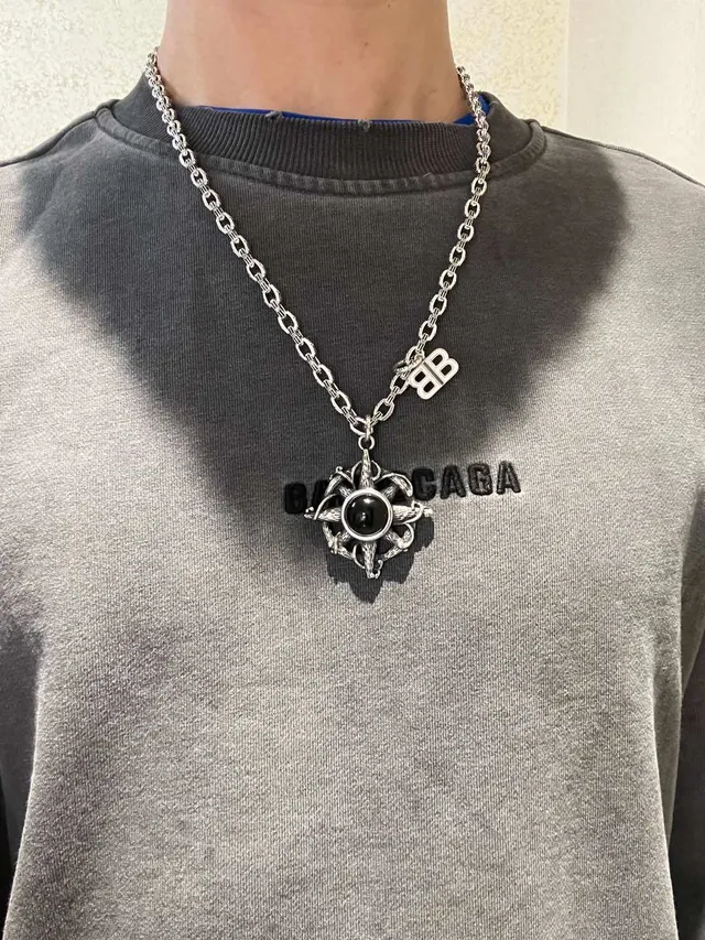Balenciaga Compass Pendant Silver Black Chunky Curb Chain Ornate Necklace 8