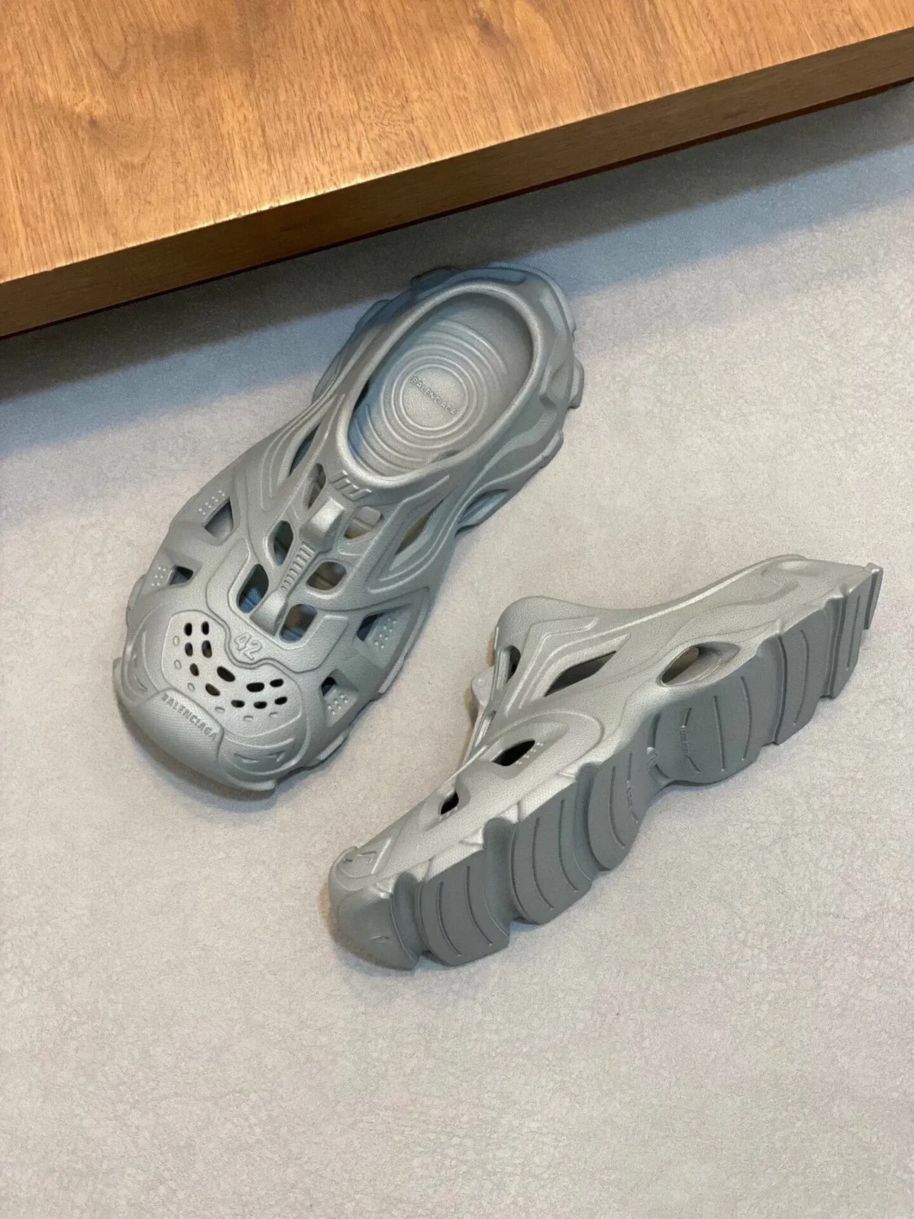 Balenciaga Defender Gray Molded Monochrome Geometric Cutout Clog 5