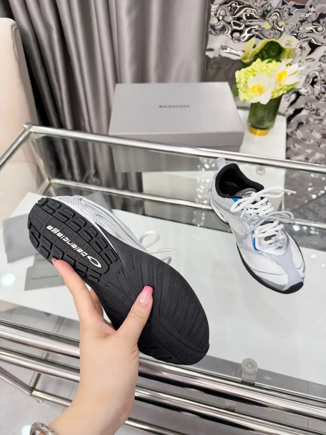 Balenciaga Gray Blue Mesh And Synthetic Overlay Construction Low-Top Runner Silhouette Lifestyle Sneakers 3