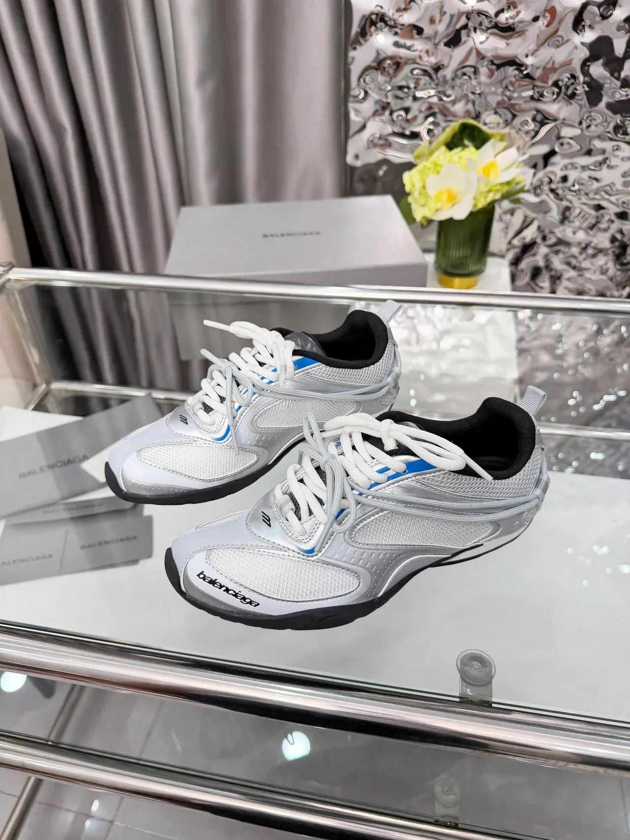 Balenciaga Gray Blue Mesh And Synthetic Overlay Construction Low-Top Runner Silhouette Lifestyle Sneakers 4