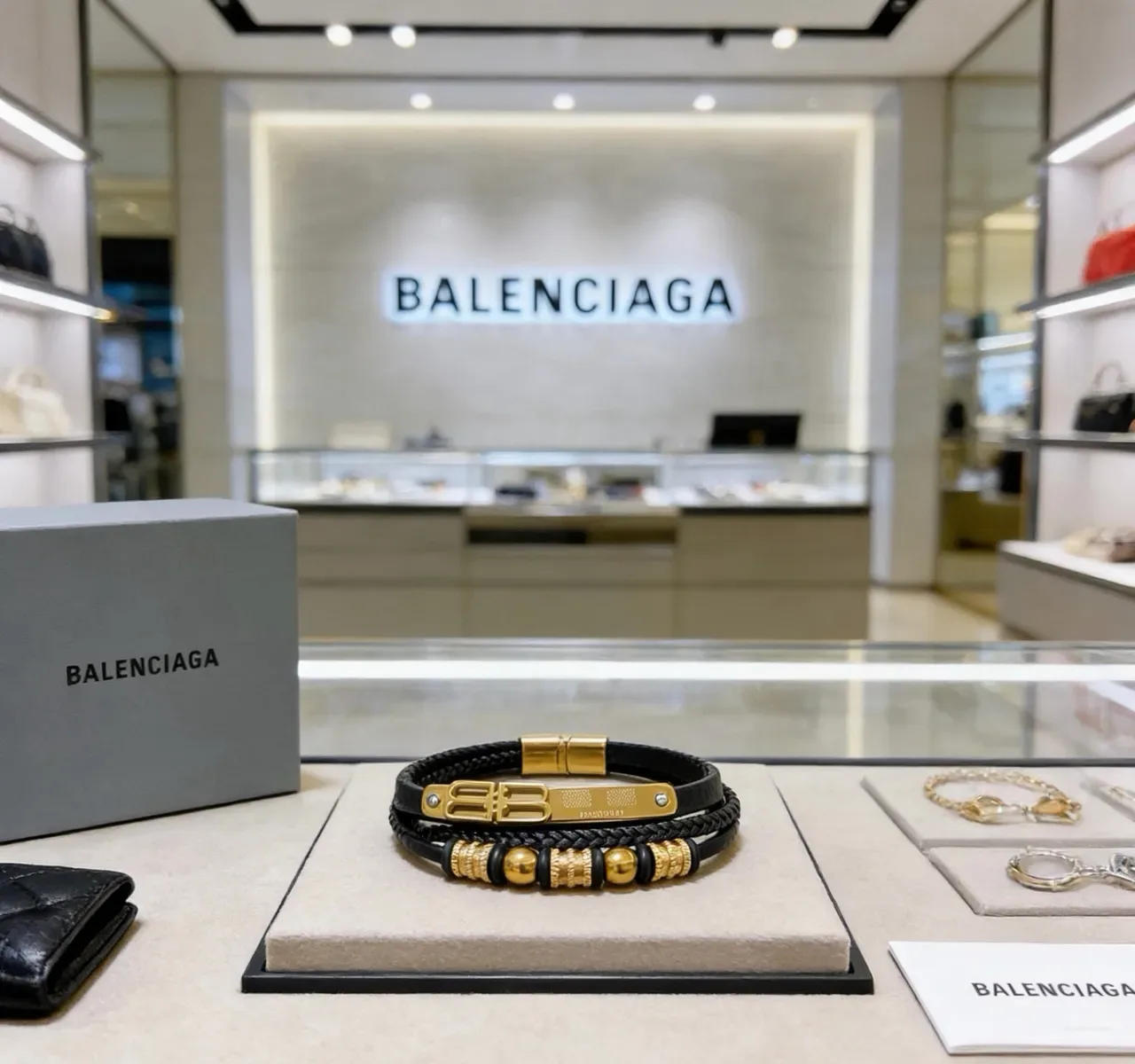 Bracelet Balenciaga Logo Noir et Or en Cuir 6