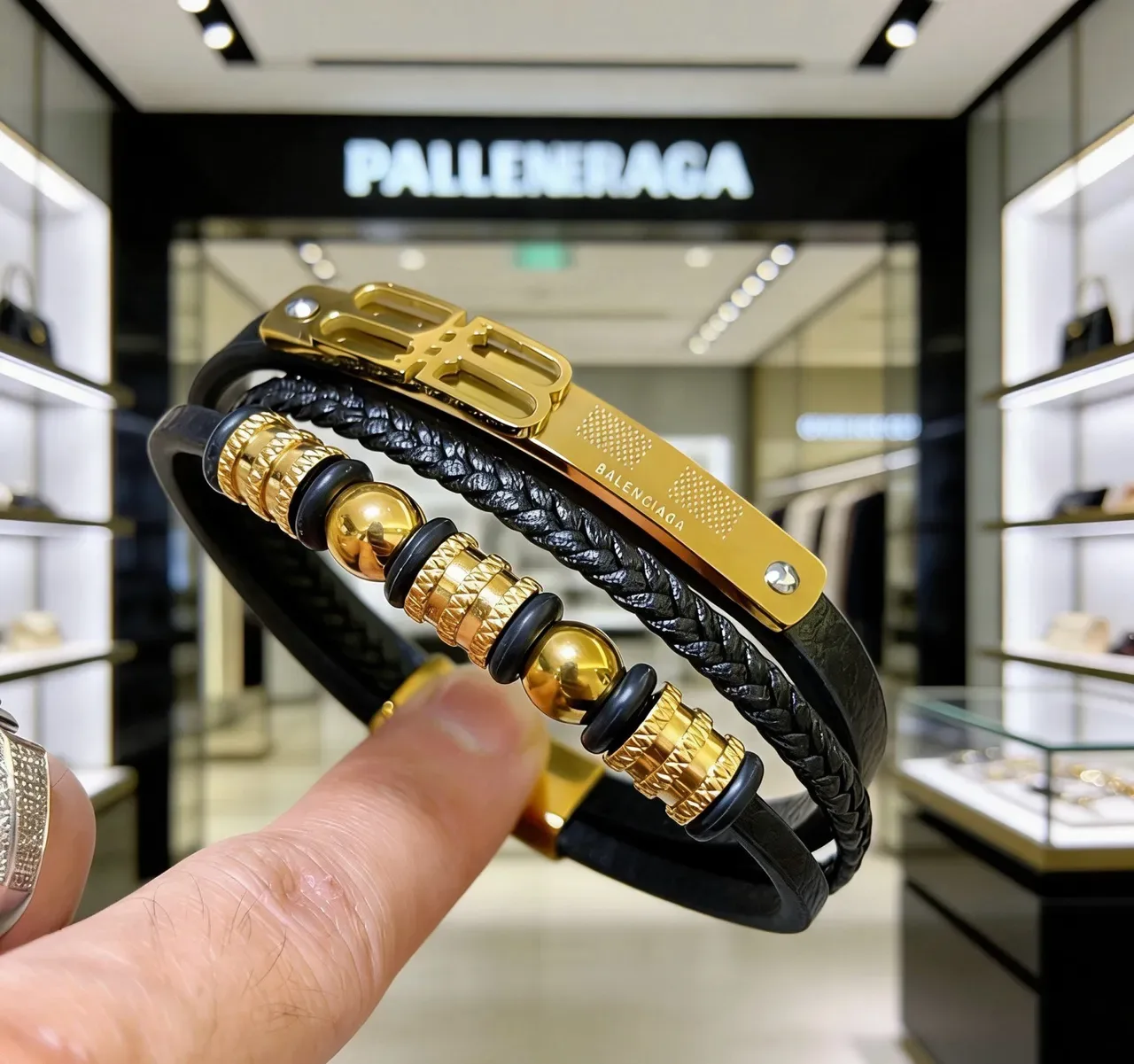 Bracelet Balenciaga Logo Noir et Or en Cuir 9