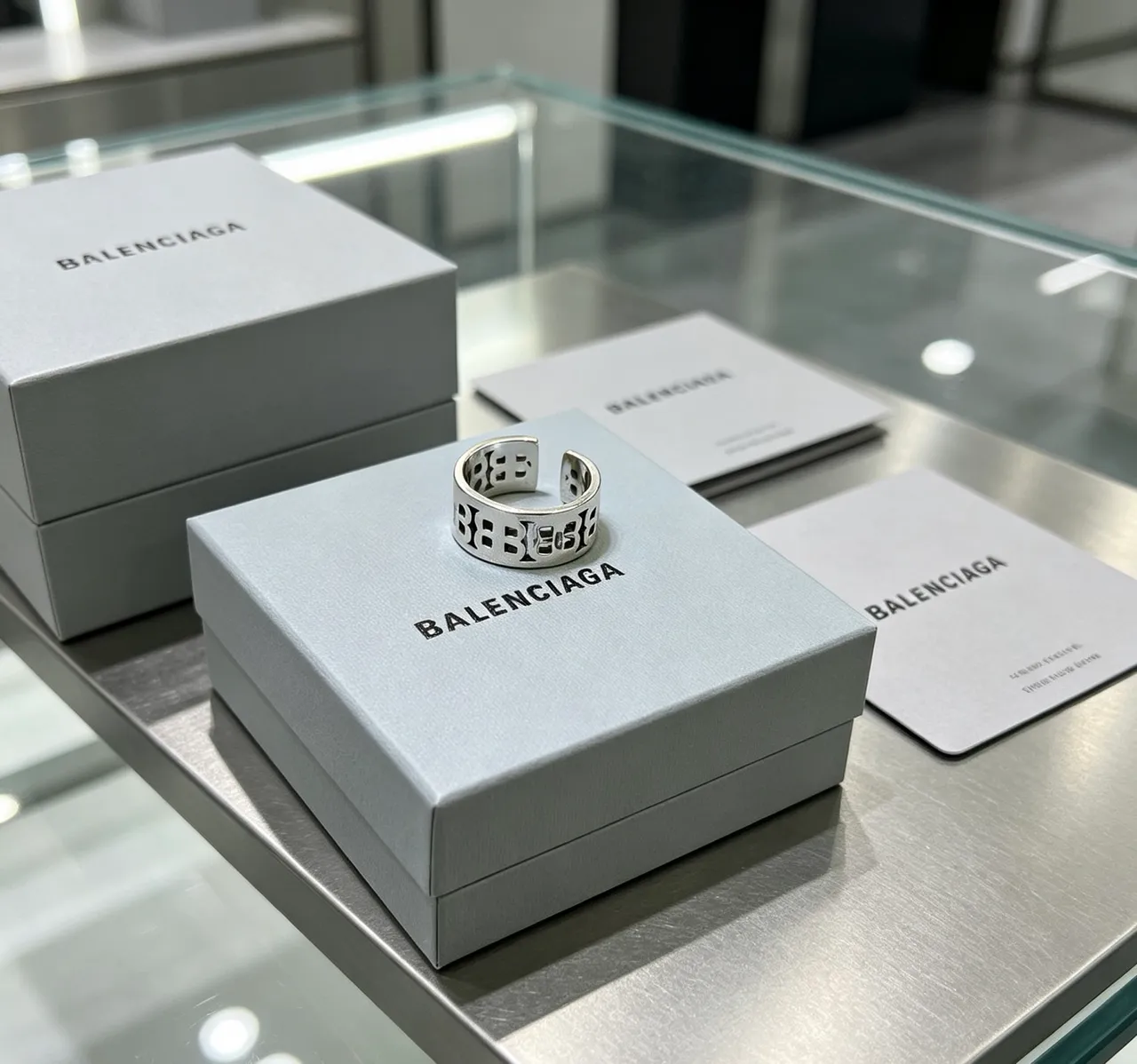 Balenciaga Logo Cut-Out Ring Silver Open-Band Ring 9