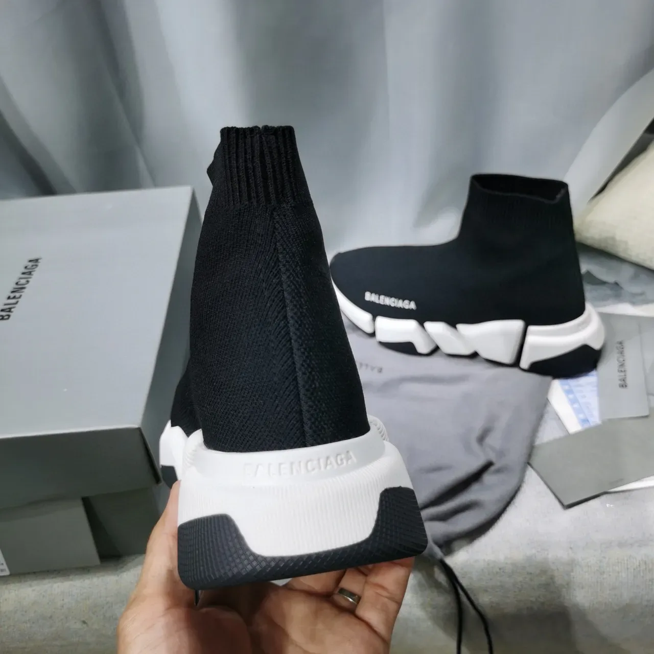 Balenciaga Speed Trainer Black and White Laceless Knit Lifestyle Sneakers 4