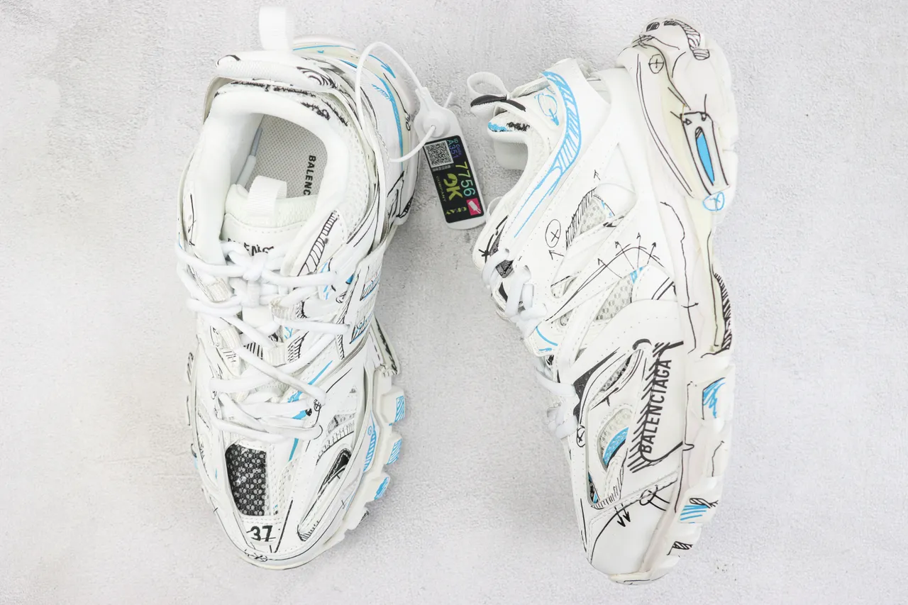 Balenciaga Track Trainer White Blue Sketch Chunky Sneakers 3