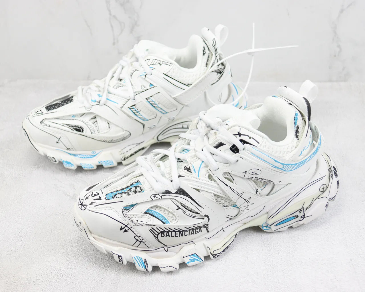 Balenciaga Track Trainer White Blue Sketch Chunky Sneakers 4