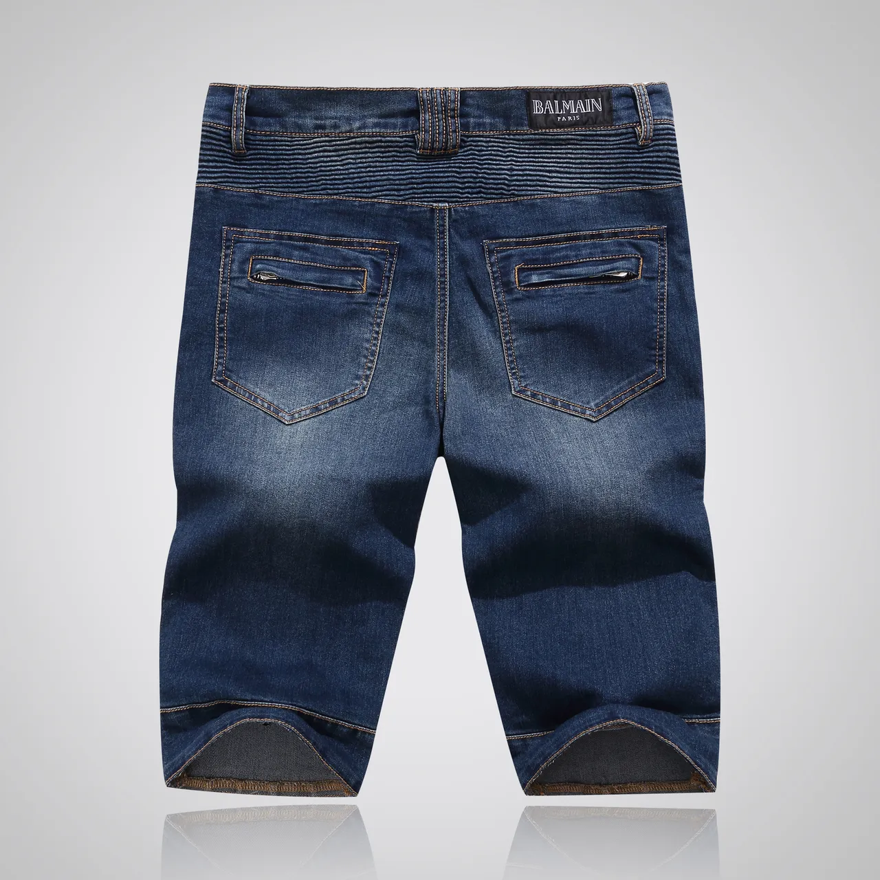 Balmain Biker-Style Ribbed Denim Shorts 16