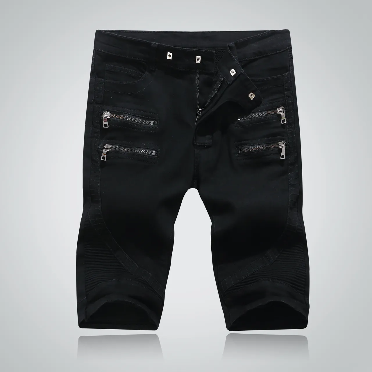 Balmain Moto-Panel Zip Pocket Black Denim Shorts 17