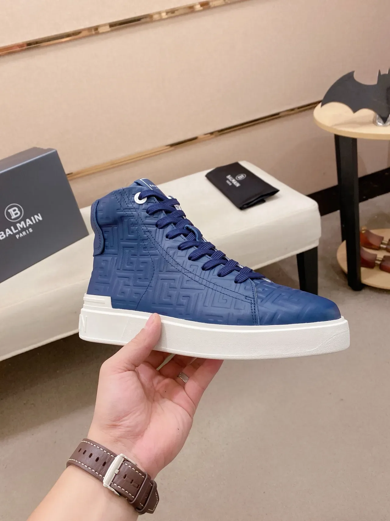 Balmain Navy White High-Top Embossed Monogram Lifestyle Sneakers 4