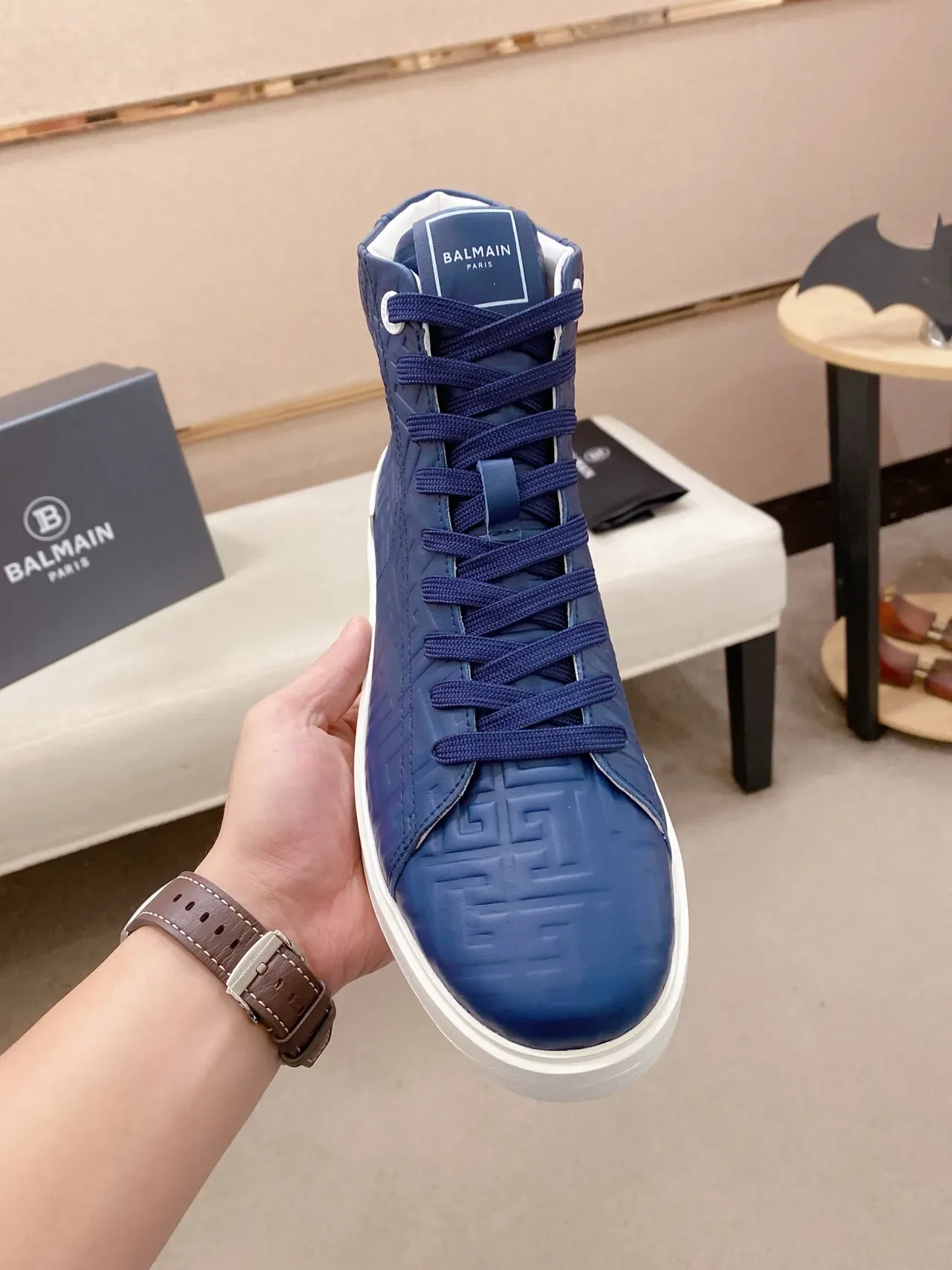 Balmain Navy White High-Top Embossed Monogram Lifestyle Sneakers 5