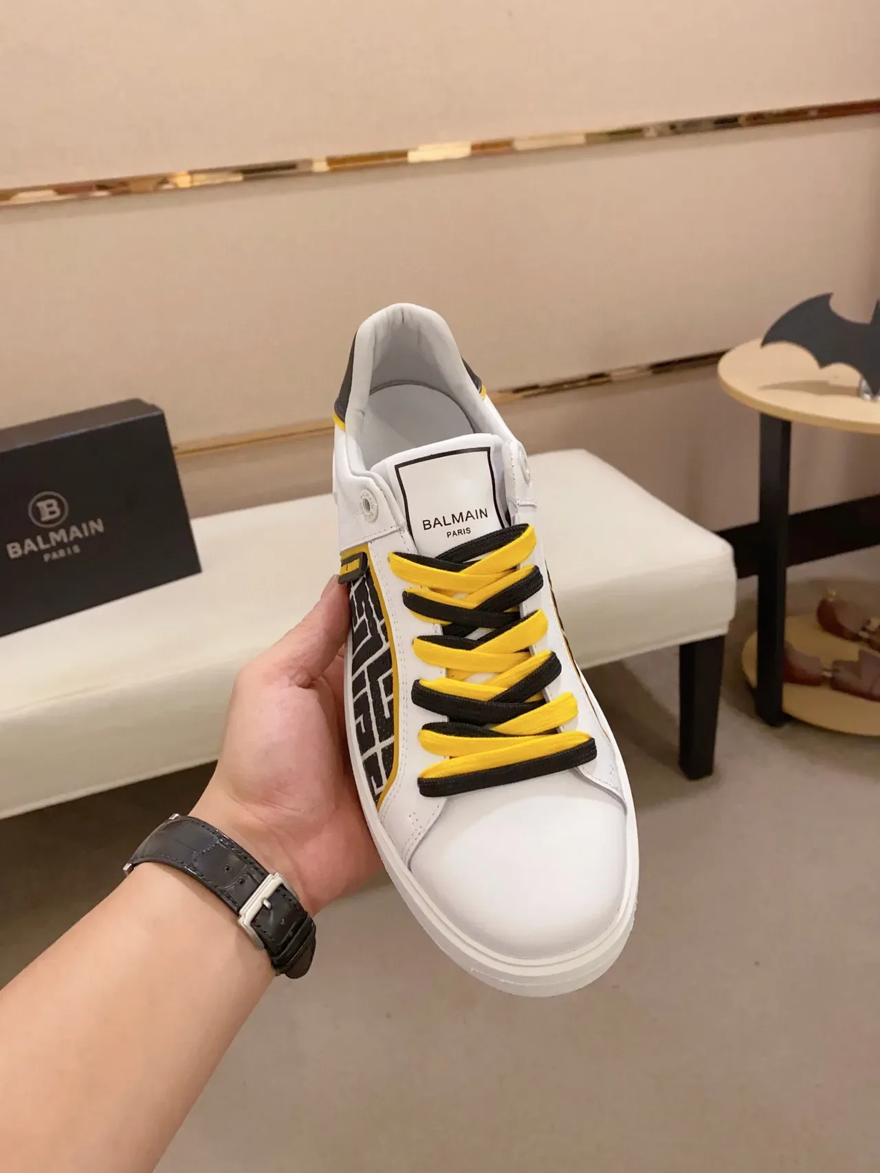 Balmain White Black Leather Upper Geometric Side Panel Lifestyle Sneakers 2