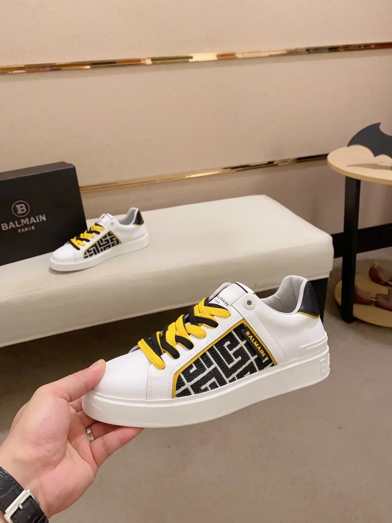 Balmain White Black Leather Upper Geometric Side Panel Lifestyle Sneakers 3