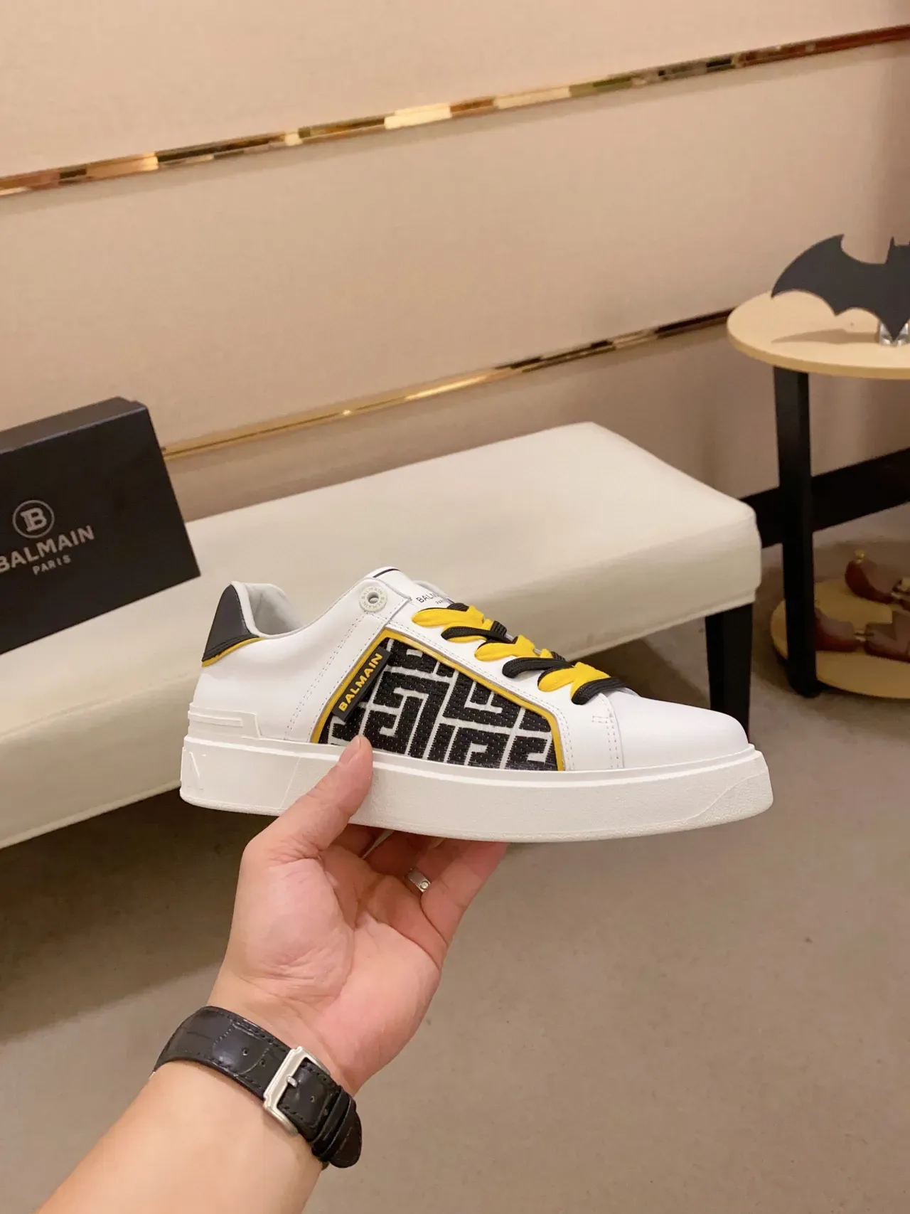 Balmain White Black Leather Upper Geometric Side Panel Lifestyle Sneakers 4