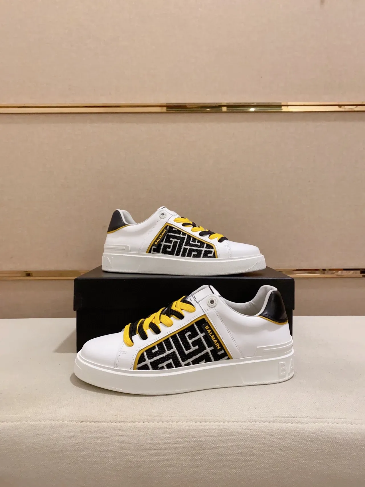 Balmain White Black Leather Upper Geometric Side Panel Lifestyle Sneakers 5