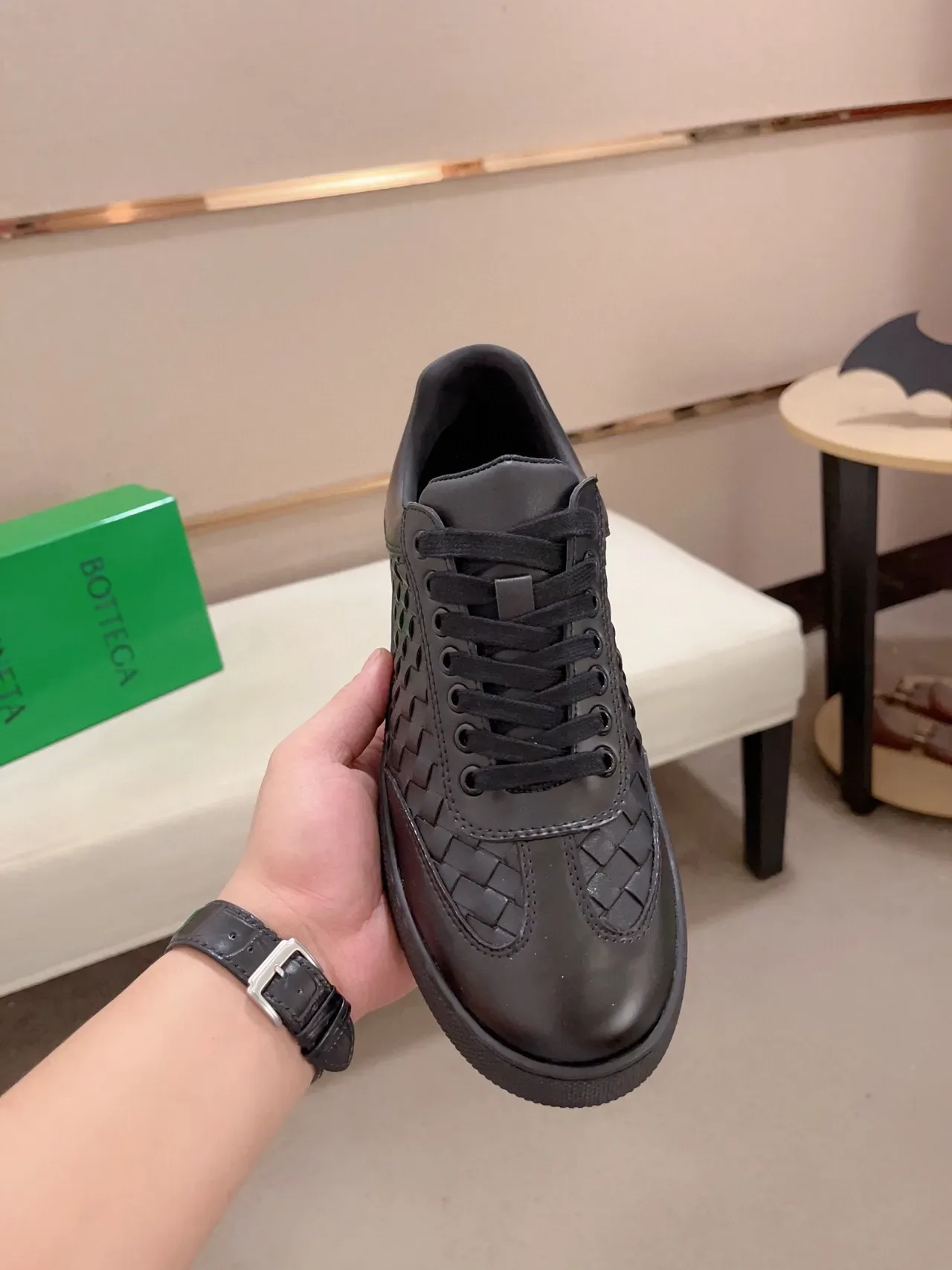 Bottega Veneta Andiamo Couro Tecido Preto Estilo de Vida Tênis 2