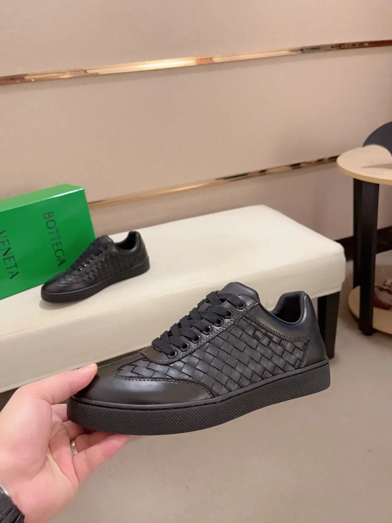 Bottega Veneta Andiamo Couro Tecido Preto Estilo de Vida Tênis 3