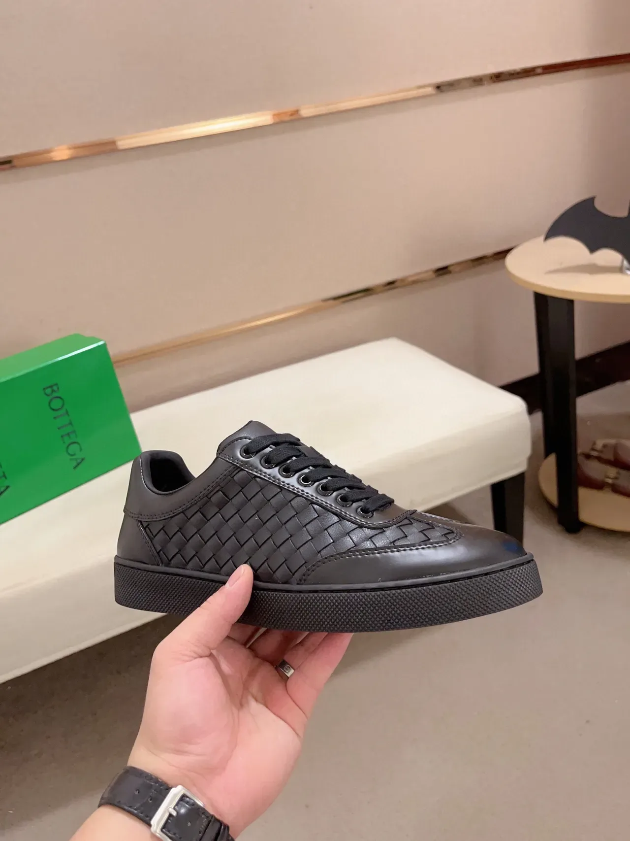 Bottega Veneta Andiamo Couro Tecido Preto Estilo de Vida Tênis 4